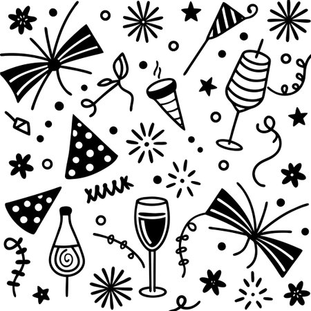 Hand-Drawn Party Extravaganza with Vibrant Patterns and Festive Designsのイラスト素材