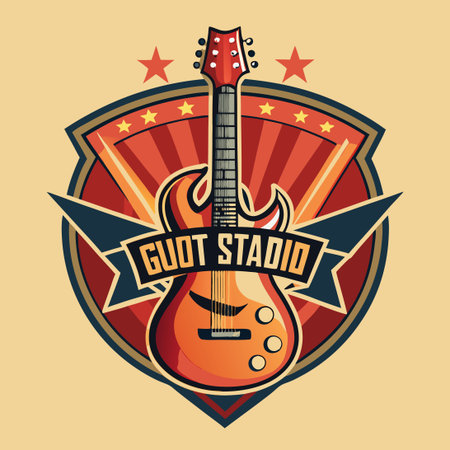 Vector Illustration of a Modern Electric Guitar Studio Logo with Neon Lightsのイラスト素材