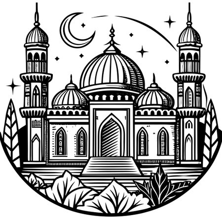 Intricate Hand-Drawn Mosque Architecture in Vibrant Colorsのイラスト素材
