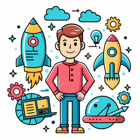 Whimsical and Delightful Hand-Drawn Cartoon Doodle Set in Vibrant Colorsのイラスト素材