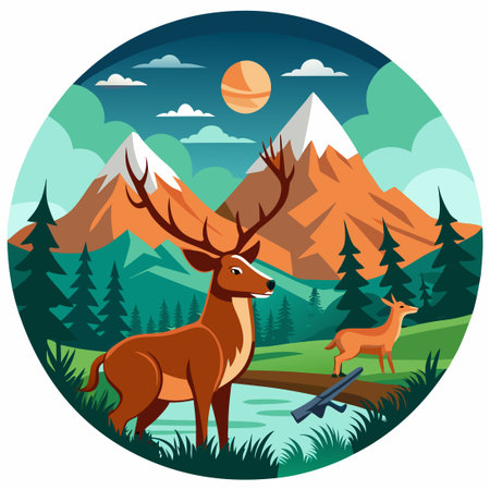 Detailed Vector Illustration of Deer Hunting with Realistic Depiction of Hunter and Environmentのイラスト素材