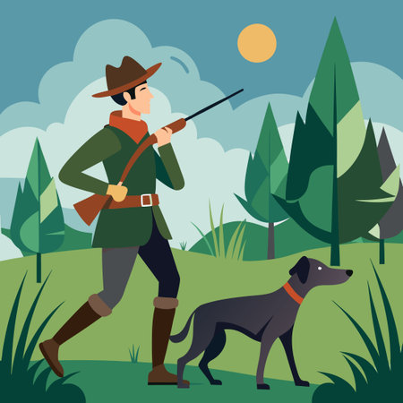 Man Hunting with His Loyal Canine Companion in Nature's Embraceのイラスト素材