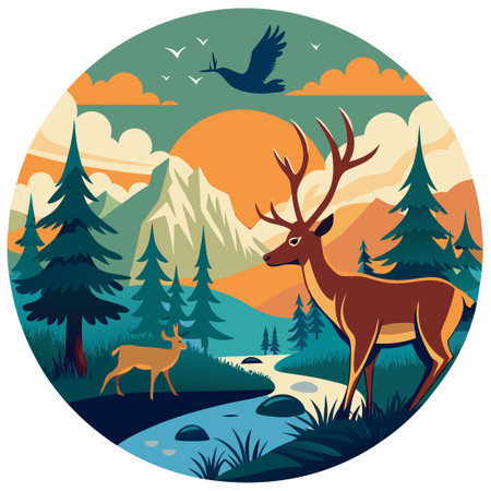 Hunting Trip: Vector Illustration Featuring a Hunter Stalking a Deer in the Wildernessのイラスト素材