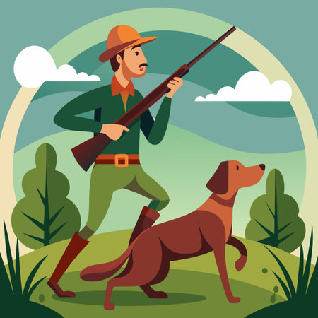Man Hunting with Loyal Canine Companion in Nature's Embraceのイラスト素材