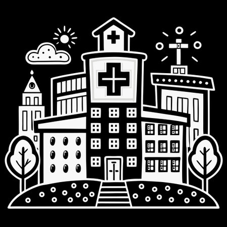 Intricate Hospital Illustration in Black and White: A Detailed Sketch of a Medical Facilityのイラスト素材