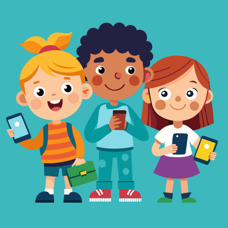 Kids Immersed in the Digital Realm: Exploring the World Through Mobile Devicesのイラスト素材