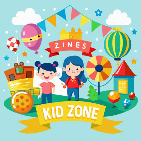 Colorful and Joyful Banner for Kids' Game Zone and Party Postersのイラスト素材