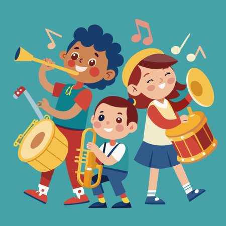 Kids Having Fun Playing Drum and Trombone Ensembleのイラスト素材