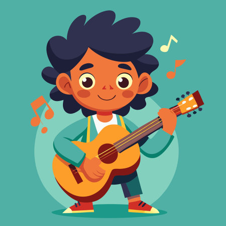 Young Boy Displaying His Musical Talent on the Guitarのイラスト素材