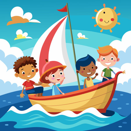 Young Adventurers Sailing Together towards the Open Seaのイラスト素材