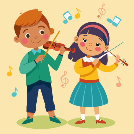Joyful Children Playing Enchanting Melodies on Flute and Violinのイラスト素材
