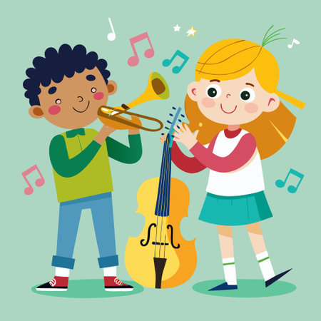 Young Musicians in Concert: Two Children Delighting in Violin and Trumpetのイラスト素材
