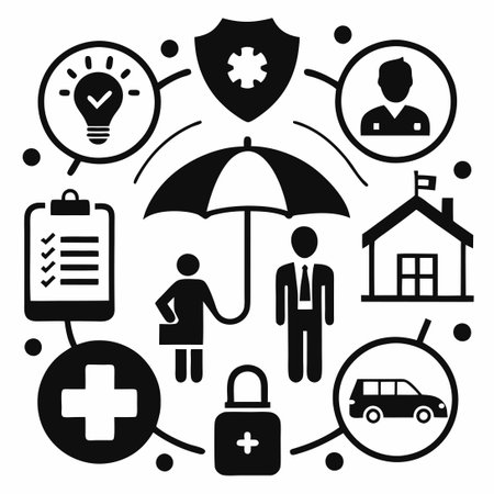 Comprehensive Insurance Icon Set in Black for Professional Presentationsのイラスト素材