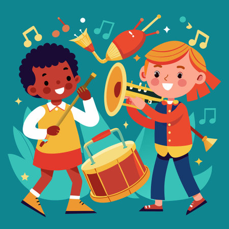 Young Musicians Enthusiastically Playing Drum and Trombone in Harmonyのイラスト素材