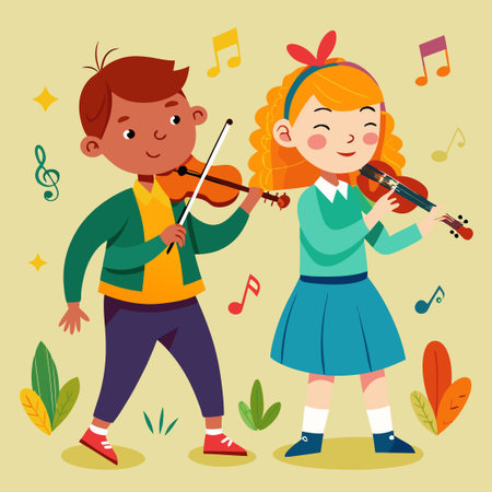 Children Musicians Playing Flute and Violin in Harmonyのイラスト素材