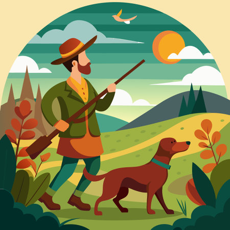Hunting Adventure with Canine Companion: Vector Illustration Depicting Dog-Assisted Huntのイラスト素材
