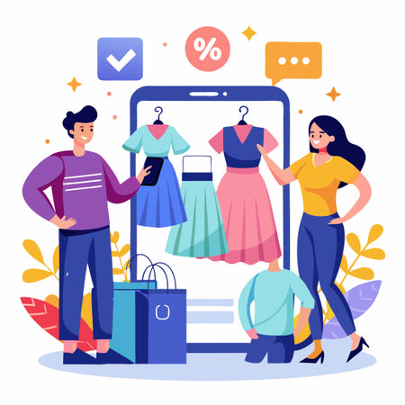 People Shopping Online for Dresses and Shirts on their Mobile Devicesのイラスト素材