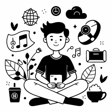 Relaxing Me Time: A Black and White Doodle Illustration for Serenityのイラスト素材