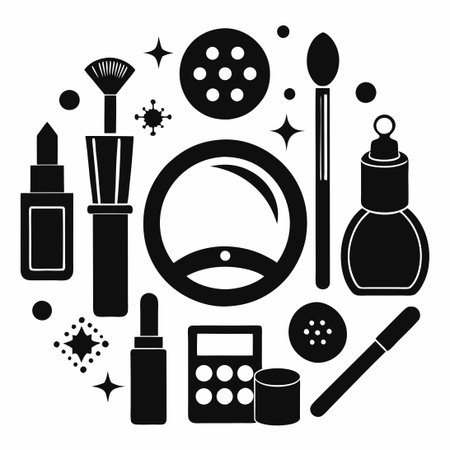 Comprehensive Black Icon Set Featuring Essential Make-Up and Beauty Iconsのイラスト素材
