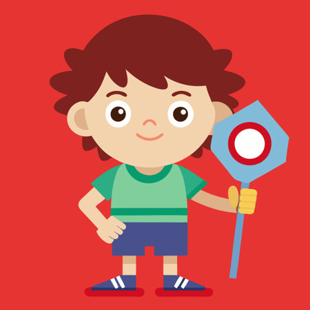 Young Child Holding a Stop Sign in a Cautionary Poseのイラスト素材