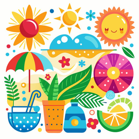 Vibrant Morning Summer Vector Graphics Elements with Colorful Patterns and Shapes