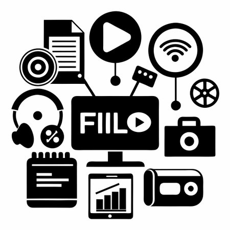 Comprehensive Multimedia Icon Set in Black and White with Fillio Designのイラスト素材