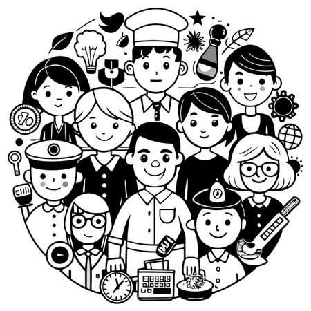 Black and White Doodle Illustrations of People with Various Professionsのイラスト素材