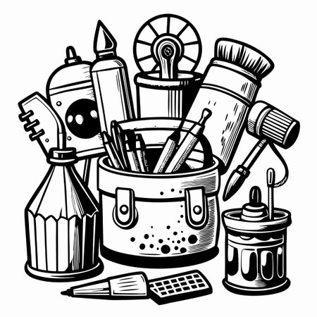 Black and White Doodle Illustrations Depicting Essential Painter Equipmentのイラスト素材