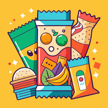 Vibrant and Colorful Vector Graphics Collection of Prepackaged Snacksのイラスト素材
