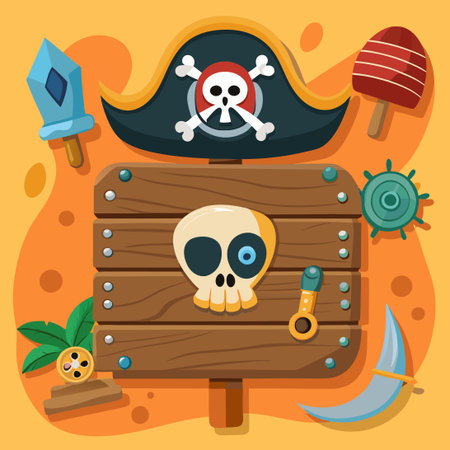 Wooden Board with Pirate Kids Illustration for Children's Rooms and Playgroundsのイラスト素材