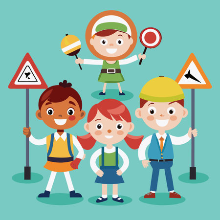 Children Promoting Traffic Safety with Educational Signsのイラスト素材
