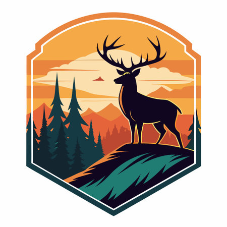 Vintage Badge Logo Featuring a Silhouette of a Deer Standing on a Cliffのイラスト素材