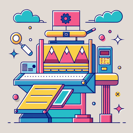 Detailed Vector Illustration of the Screen Printing Process, Featuring a Multi-Colored Designのイラスト素材