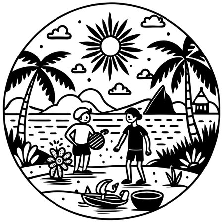 Black and White Doodle of a Summer Morning Activityのイラスト素材