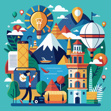 Conceptual Illustration of a Travel Vacation: Unwind and Explore the Worldのイラスト素材