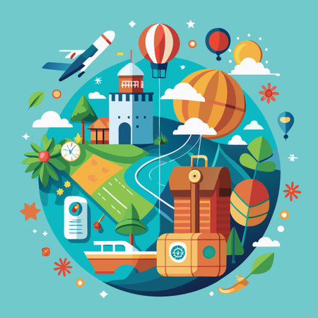 Imaginative Vacation Concept with Travel Elements and Vibrant Colorsのイラスト素材