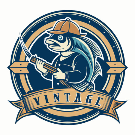 Retro Fishing Logo with Vintage Emblem and Geometric Elementsのイラスト素材