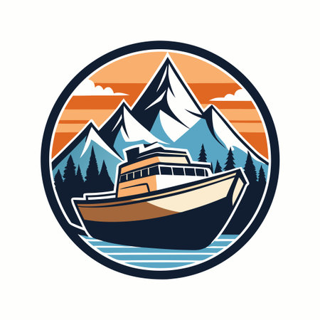 Vintage Vector Logo Featuring a Mountain, Boat, and Ocean Sceneのイラスト素材