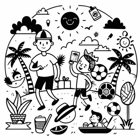 Serene Summer Morning Activities: Black and White Doodles for Creativity and Relaxationのイラスト素材