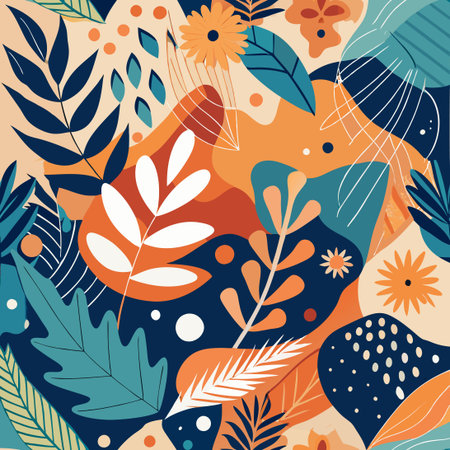 Vibrant Abstract Art Composition with Geometric Shapes and Botanical Elements