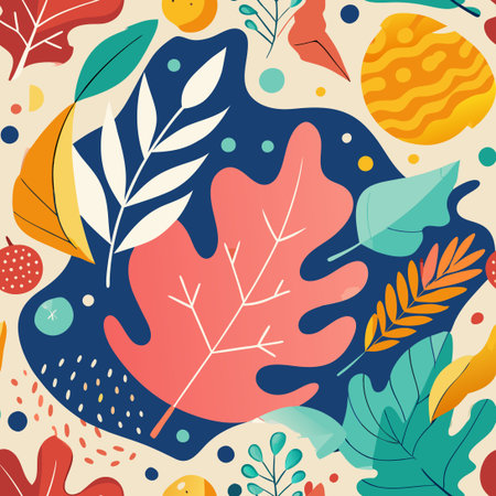 Hand-Drawn Abstract Art with Colorful Shapes and Leaf Motifs
