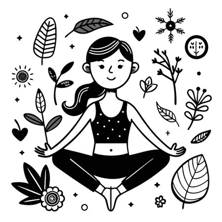 Serene Yoga Pose Depicted in Minimalist Black and White Doodle Illustrationのイラスト素材