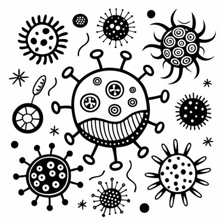 Black and White Doodle Illustration of Viruses with Infectious Spikesのイラスト素材