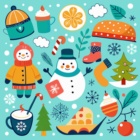 Whimsical Winter Doodle Elements with Snowflakes and Pine Treesのイラスト素材