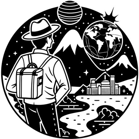 Intricate Black and White Doodle Illustration Depicting a World of Travel and Adventureのイラスト素材