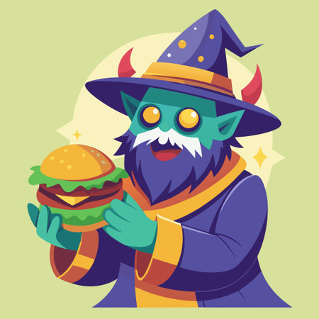Mystical Wizard Monster Holding a Scrumptious Burger, Digital Vector Illustrationのイラスト素材