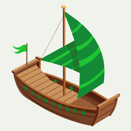 Intricate Model of a Classic Wooden Boat with Emerald Green Sailのイラスト素材