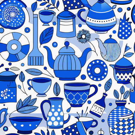 Modern Kitchenware Set Featuring Hand-Drawn Blue Ceramic Design Elementsのイラスト素材