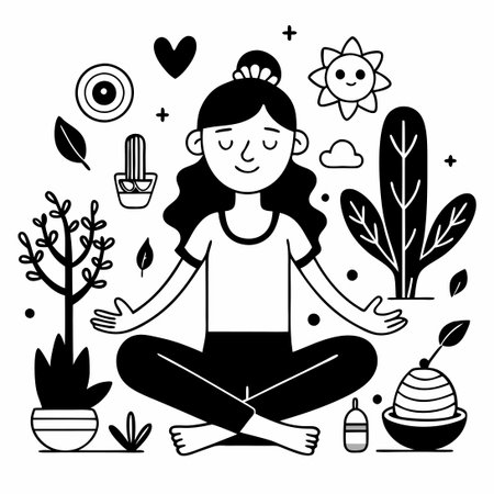 Black and White Yoga Doodle Illustration of Flexible Figureのイラスト素材