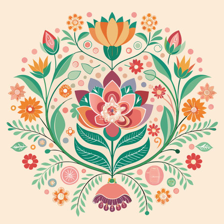 Delicate Floral Illustration in Pastel Hues with Traditional Motifs